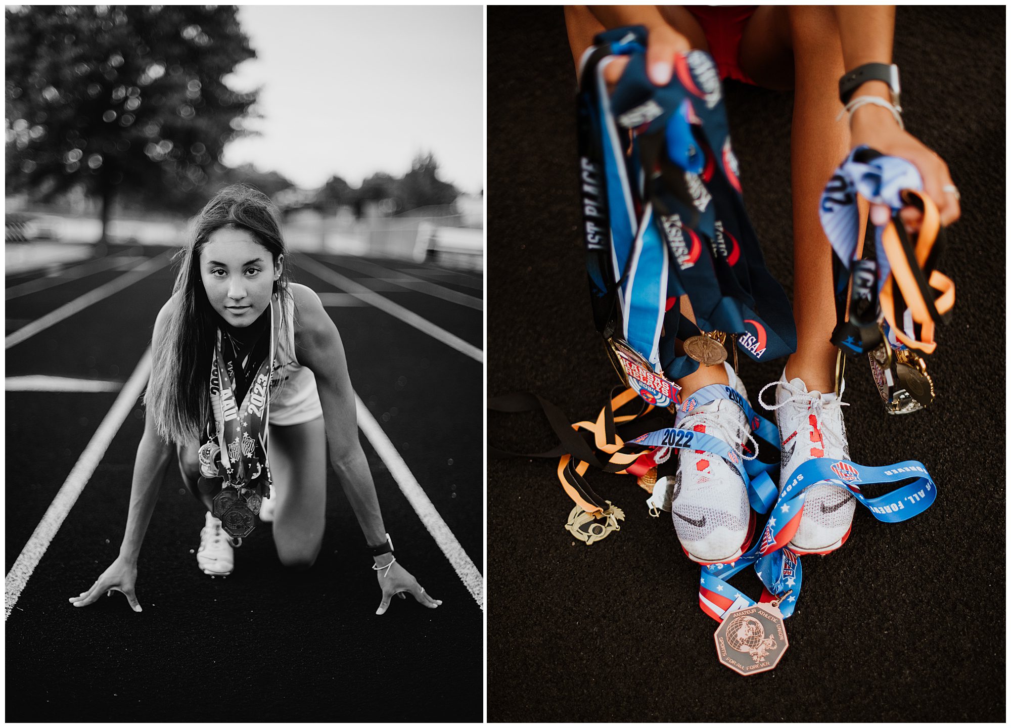 High School track athlete showing of medals