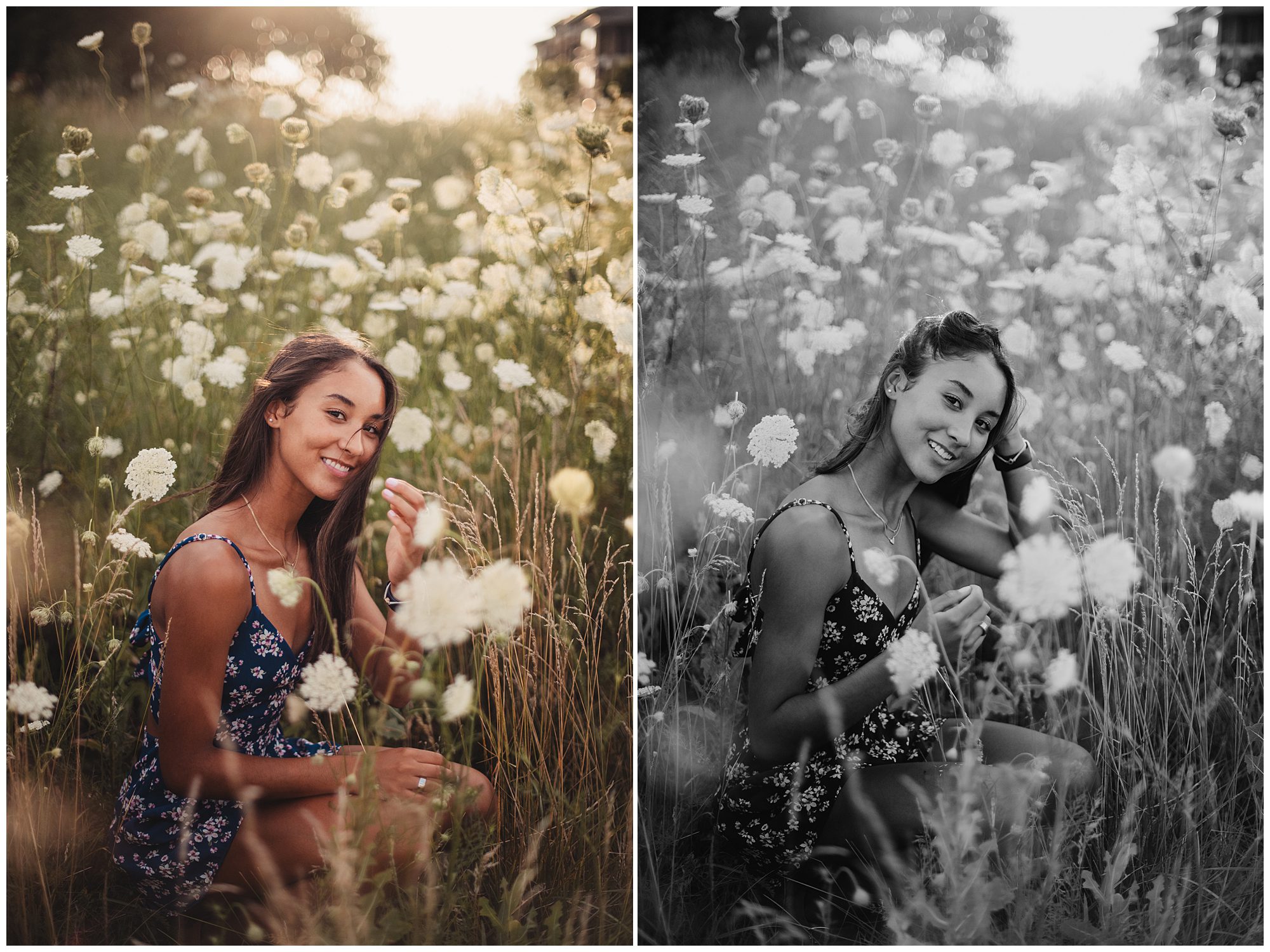 Senior pictures in white wildflowers in a Kansas Field