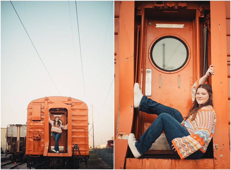 Oragne train car senior pictures in North Kansas City