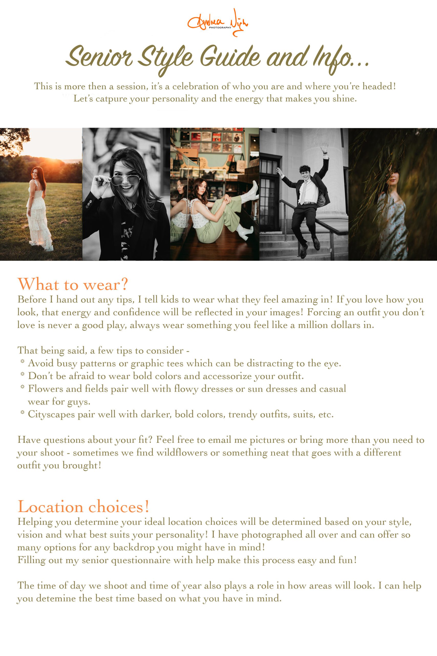 Andrea Nigh Photography Senior style guide and info