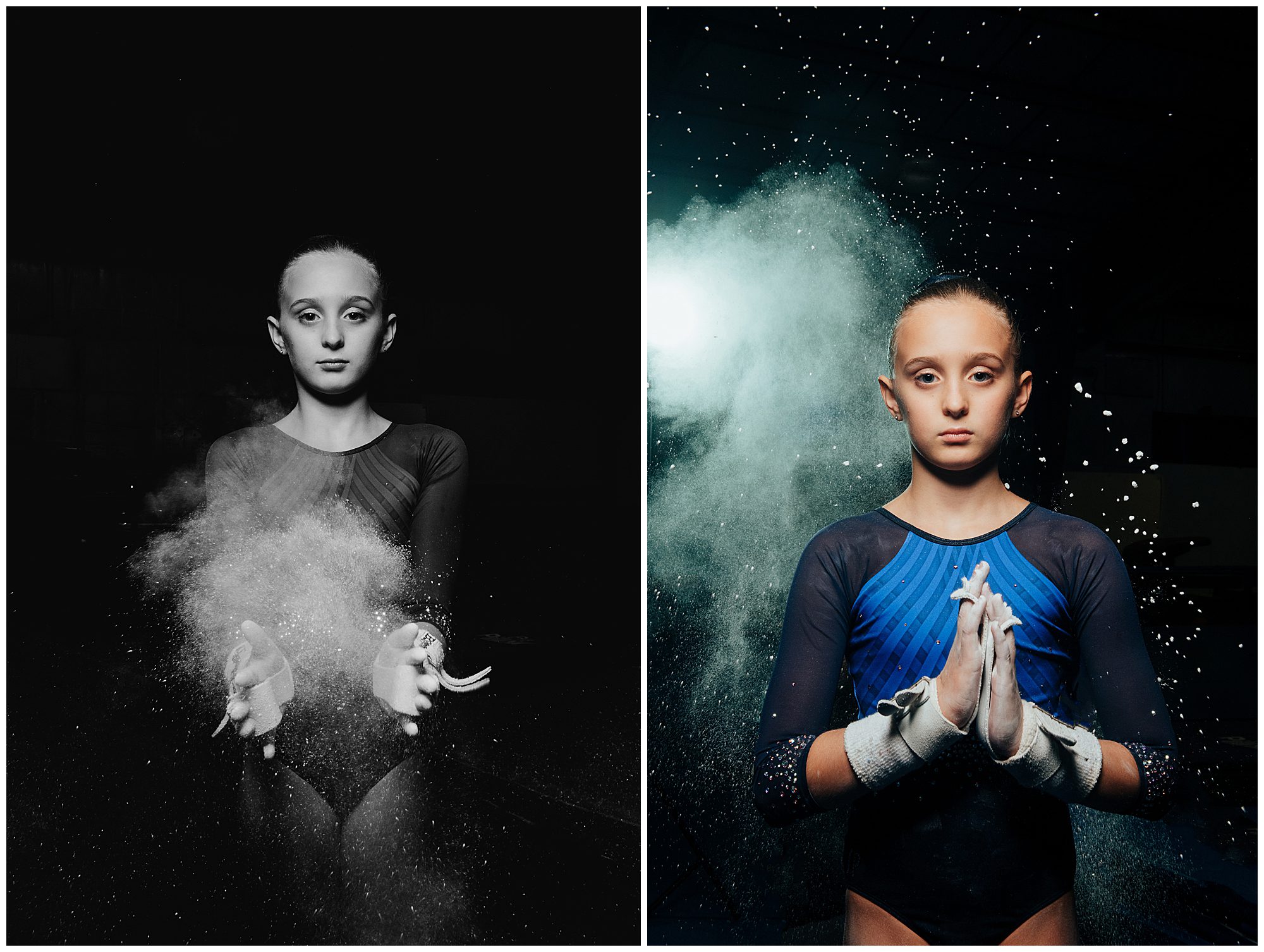 a female gymnast uses chalk to create a stylized portrait