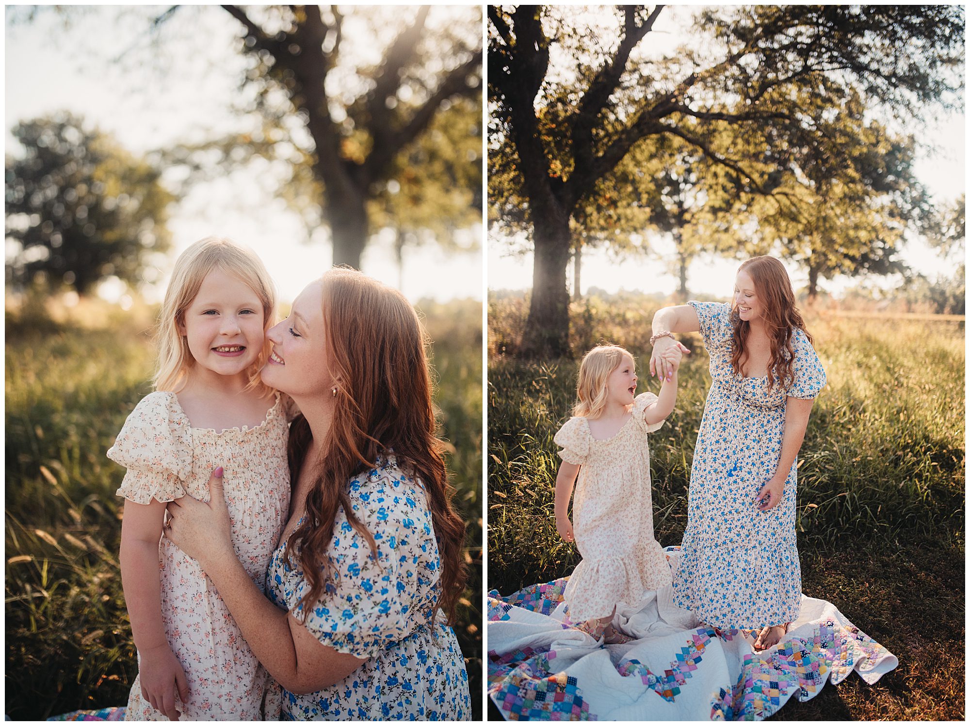young mother and daughter twirl and play for photos