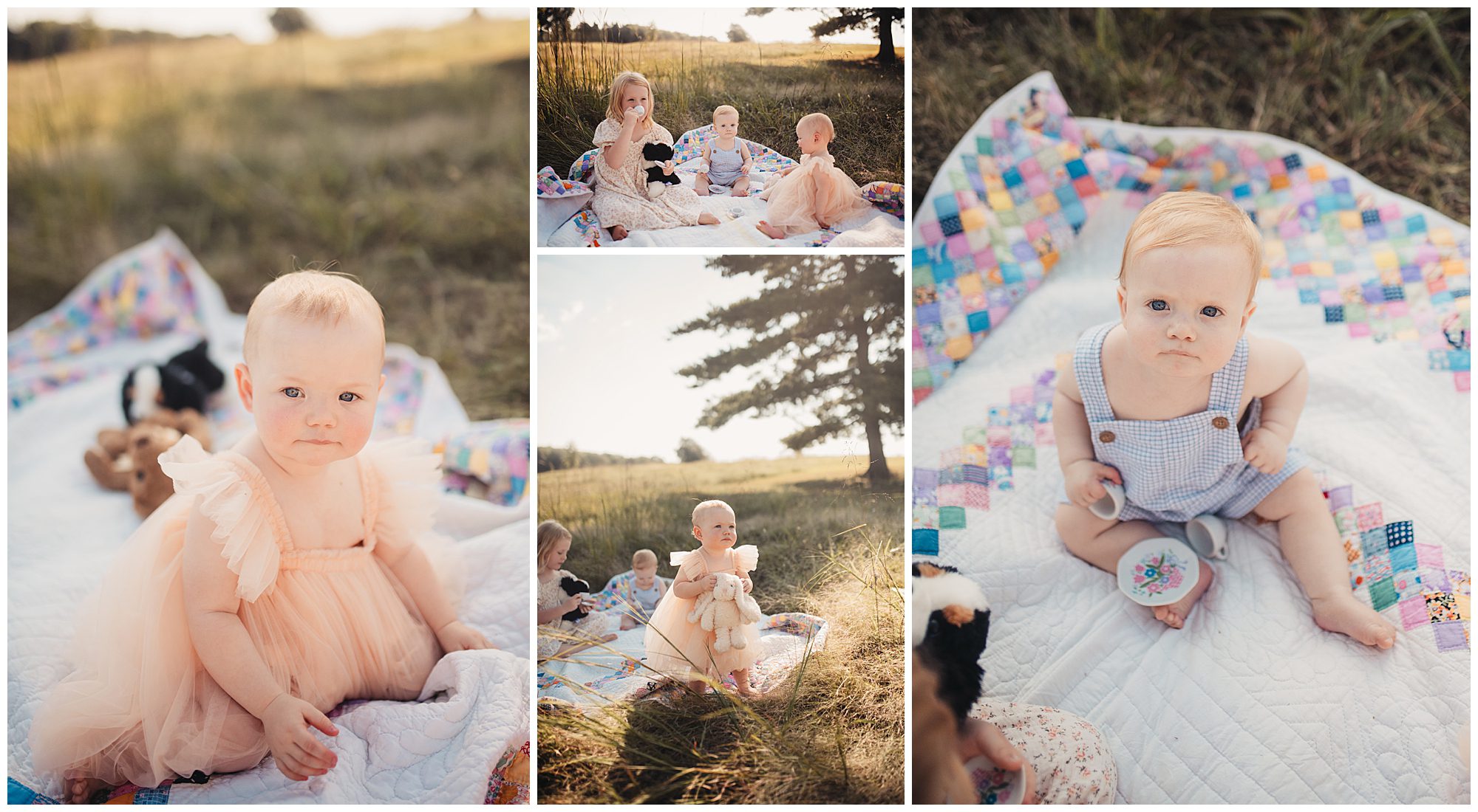 Cousins enjoy a pretend tea party in the tall grasses 